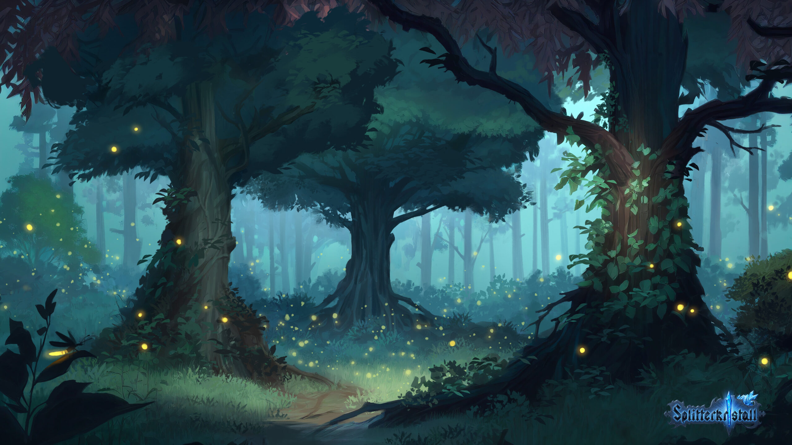 Grafik der Fantasy-Welt von Splitterkristall, mit mystischem Licht und Landschaft